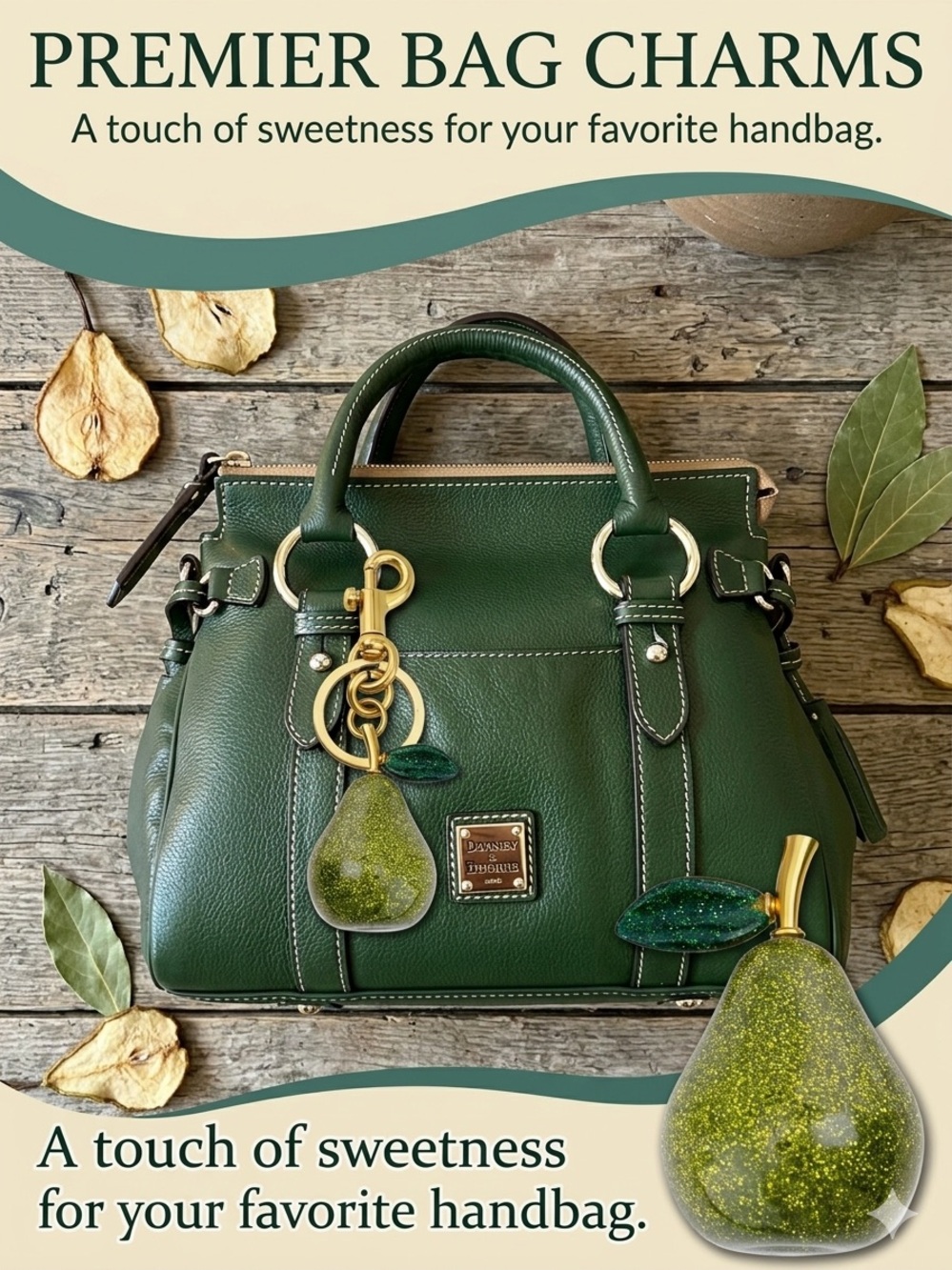 Green Handbag Charm or Key Chain with Gold Accents. New